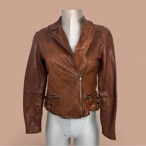 Lauren Ralph Lauren Burnished Lamb Leather Moto Jacket Size 4 Dark Walnut Zipper